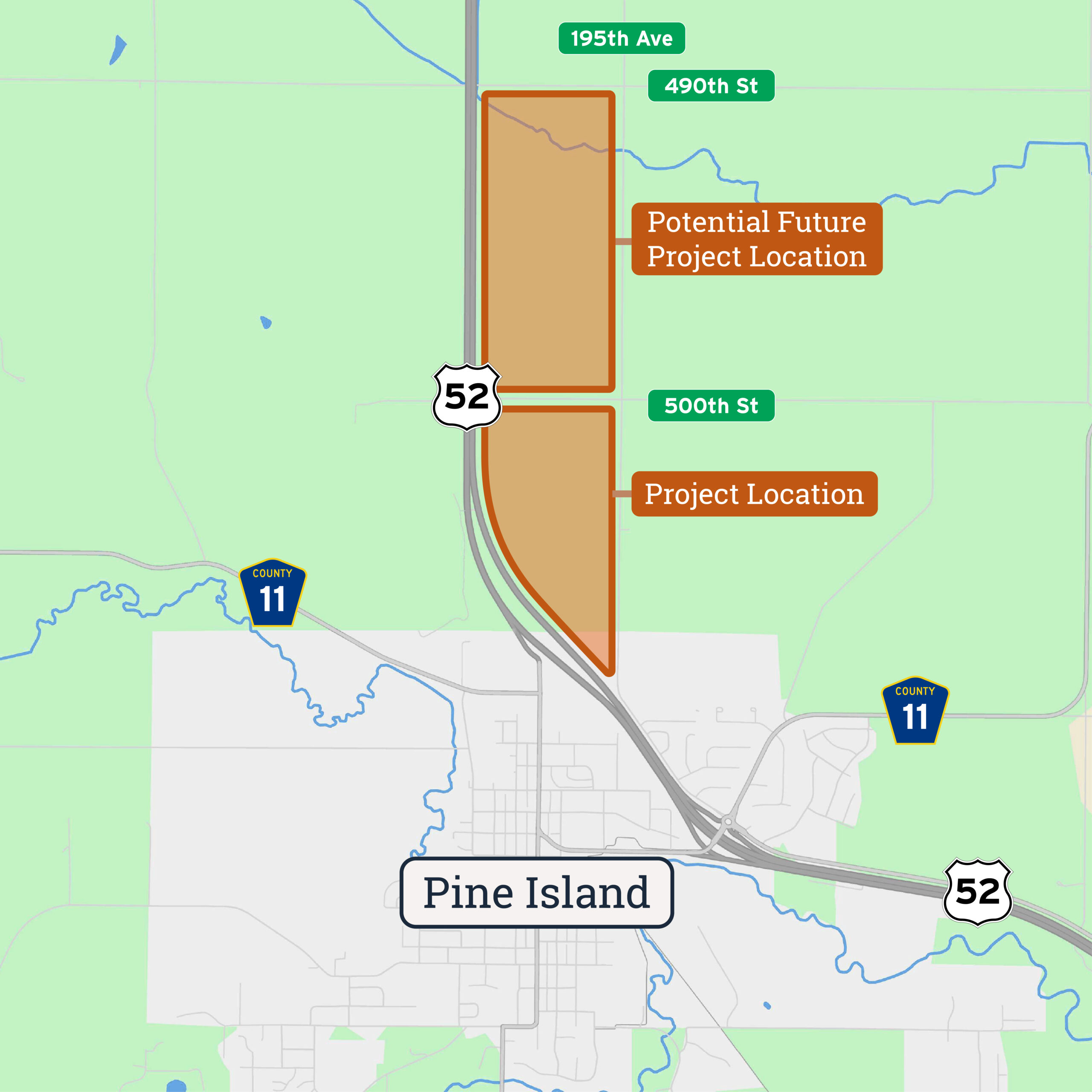 Map of the project location for Project Skyway, showing it is north of Pine Island, MN, adjacent to highway 52.